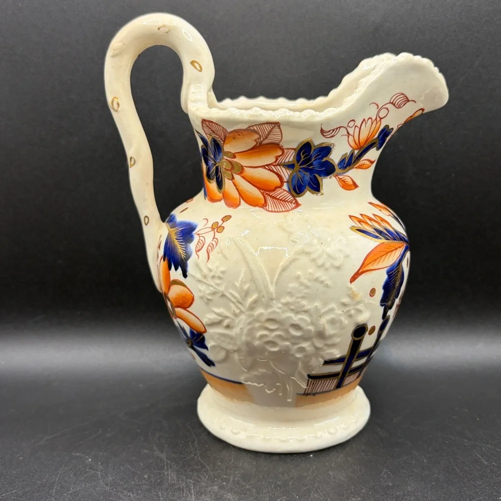 Antique Hand Painted Imari Imariware Ceramic Floral Flower Bouquet Pitcher Jug
